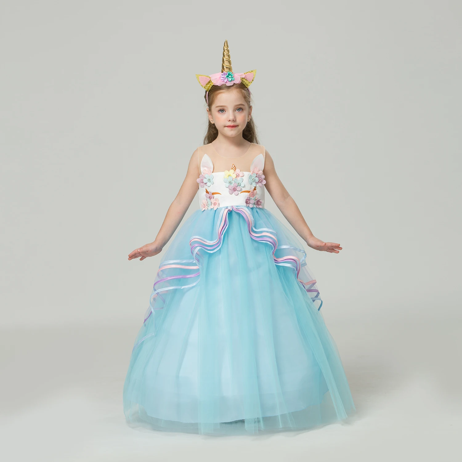 Детское платье принцессы с единорогом Радужное в несколько рядов - купить по