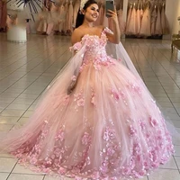 pink off the shoulder quinceanera dress with cape princess beaded 3d flowers ball gown pageant birthday party sweet 16 15