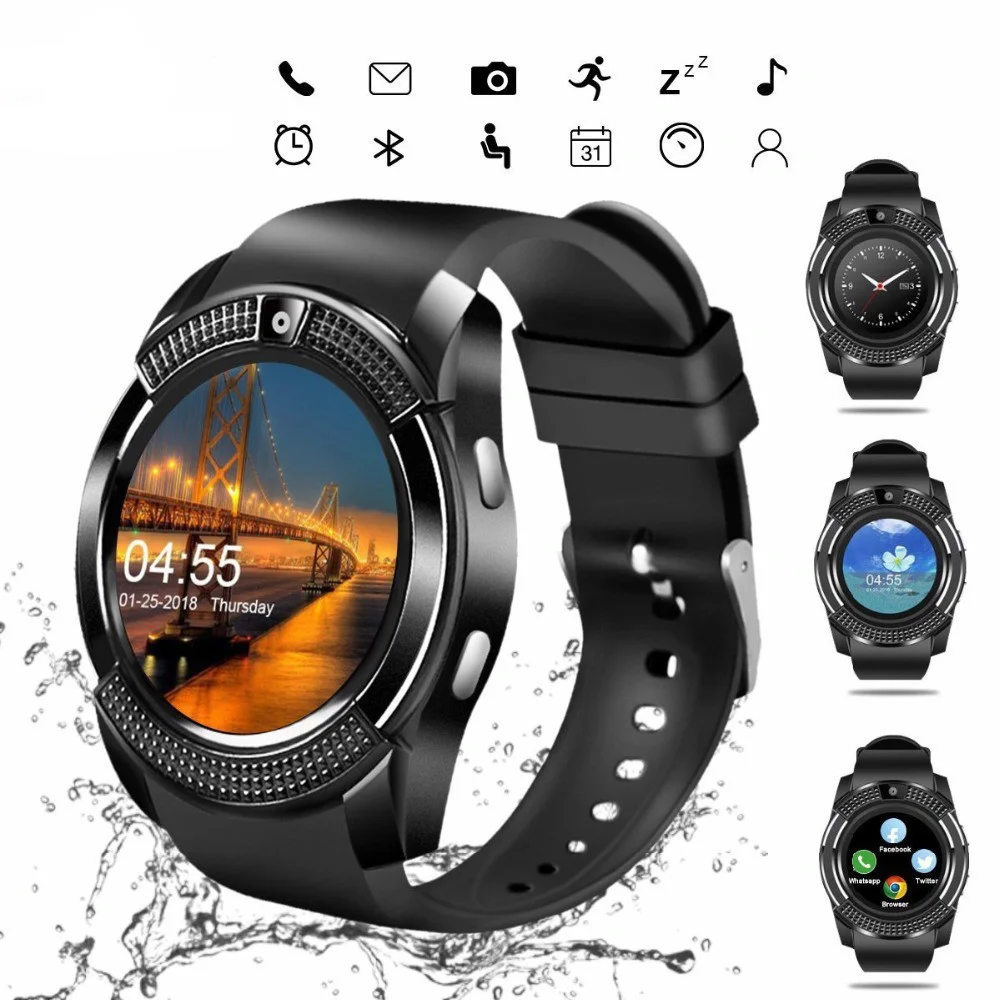 

2023 New V8 Waterproof Smart Watch Bluetooth Sports Smartwatch With Camera SIM Card Slot For Android Message Reminder Hot Sale
