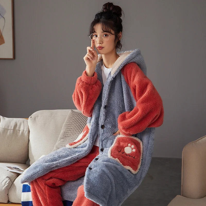 Men's And Women's Flannel Warm Pajamas Coral Fleece Sleepwear Thickened Loungewear Autumn And Winter Pajamas Sets Home Wear