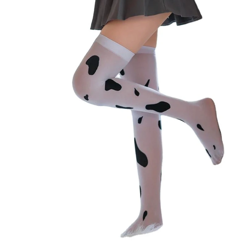 

Women Sexy Cow Spotted Print Thigh High Stockings Silky Over the Knee Long Socks Hosiery Cosplay Costume 37JB