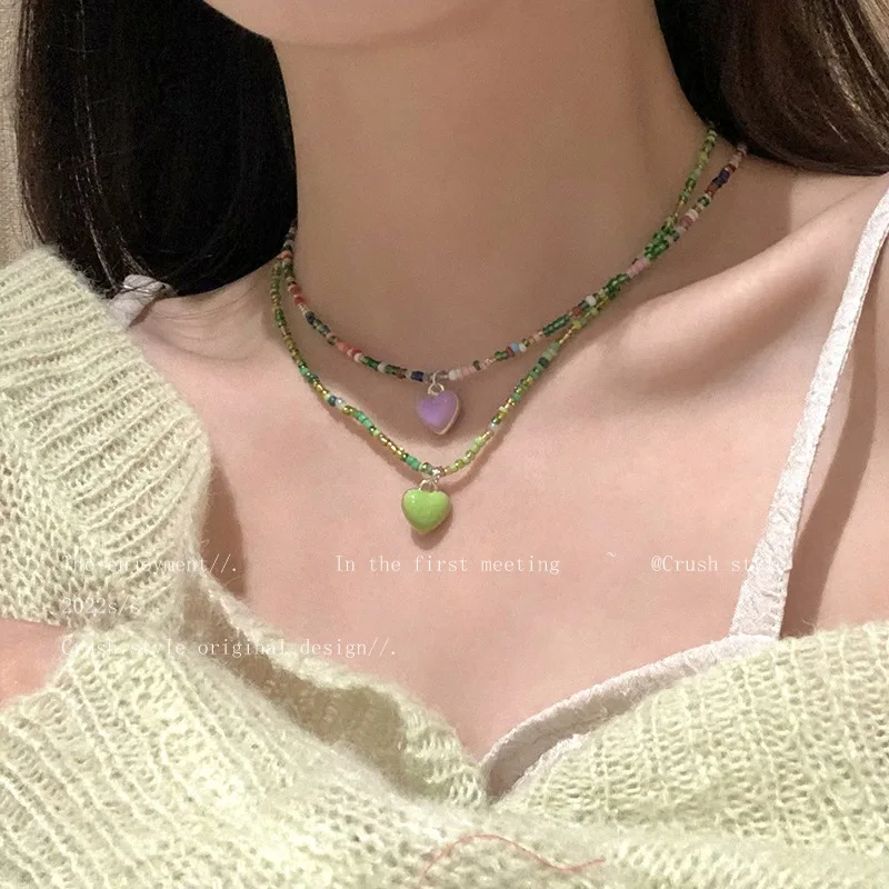 New versatile dopamine-series candy contrast love beaded necklace cute girl sweet temperament collarbone chain