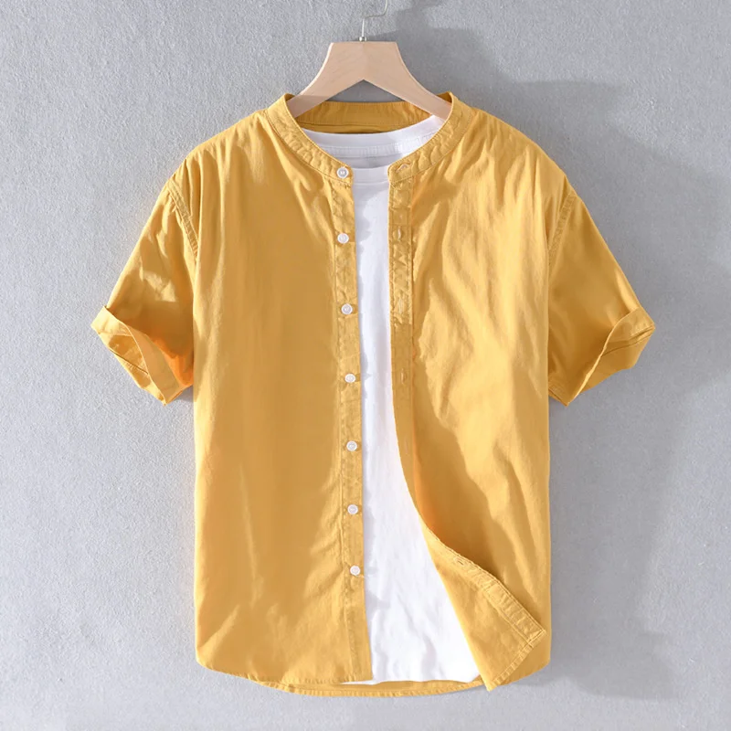 New Summer Men's Stand Collar Casual Cotton Shirt Short Sleeve Oxford Pure Simple Tops T-shirt For Male