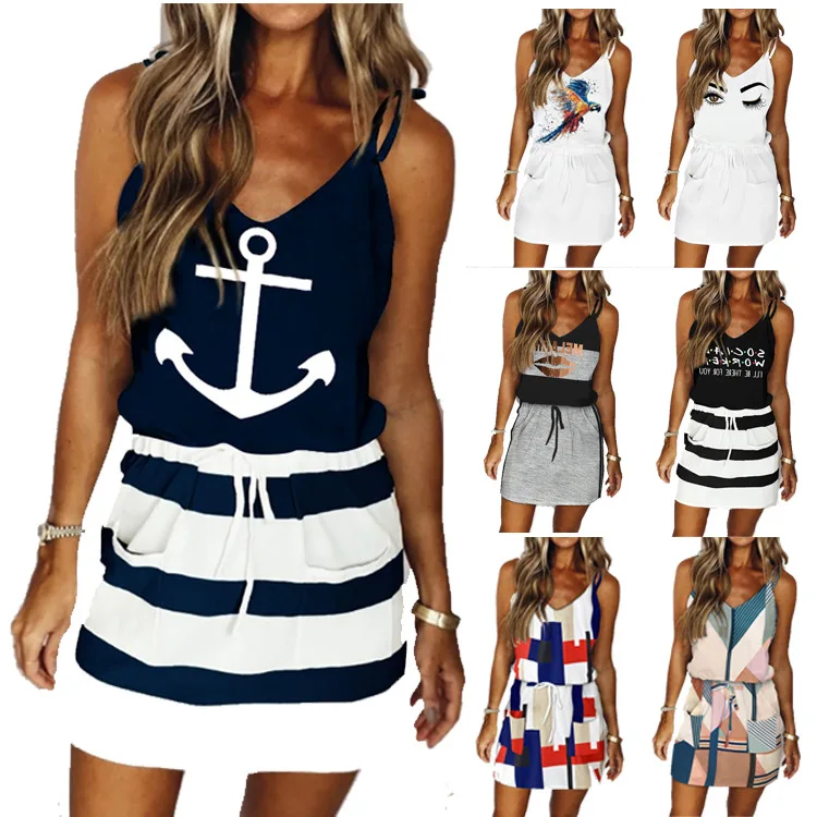 

Short skirt drawstring print suspender dress