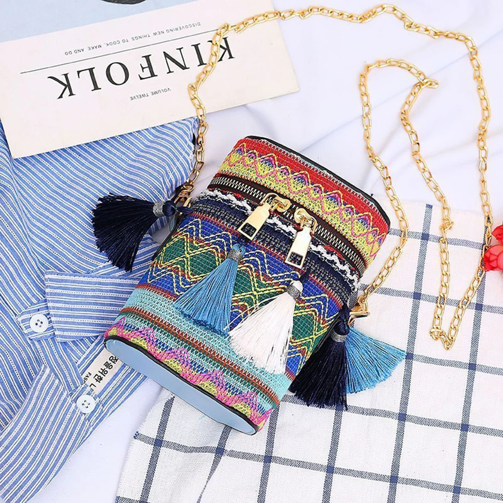 

Woven Bucket Shoulder Crossbody Bag Women Ethnic Style Tassel Chain Handbags Female All-match Vacation Shopping Pouch