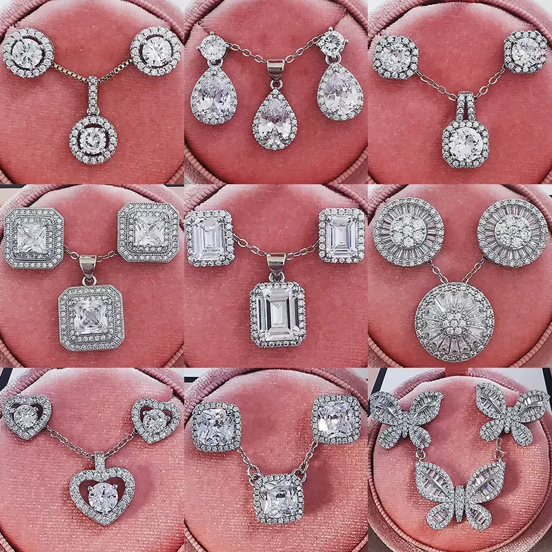 

Pack Trendy Round Crystal silver color bride Jewelry Set For Wedding Drop Earring Necklace Pendant Women Gifts J4749