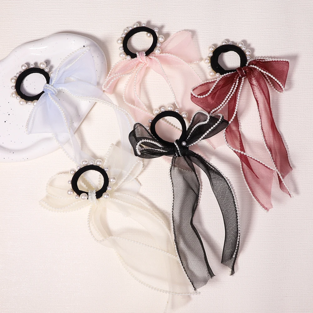 

Women Elegant Pearls Organza Bow Scrunchies For Girls Sweet Solid Color Hair Ropes Elastic Hair Bands Headwear Hair Accessories