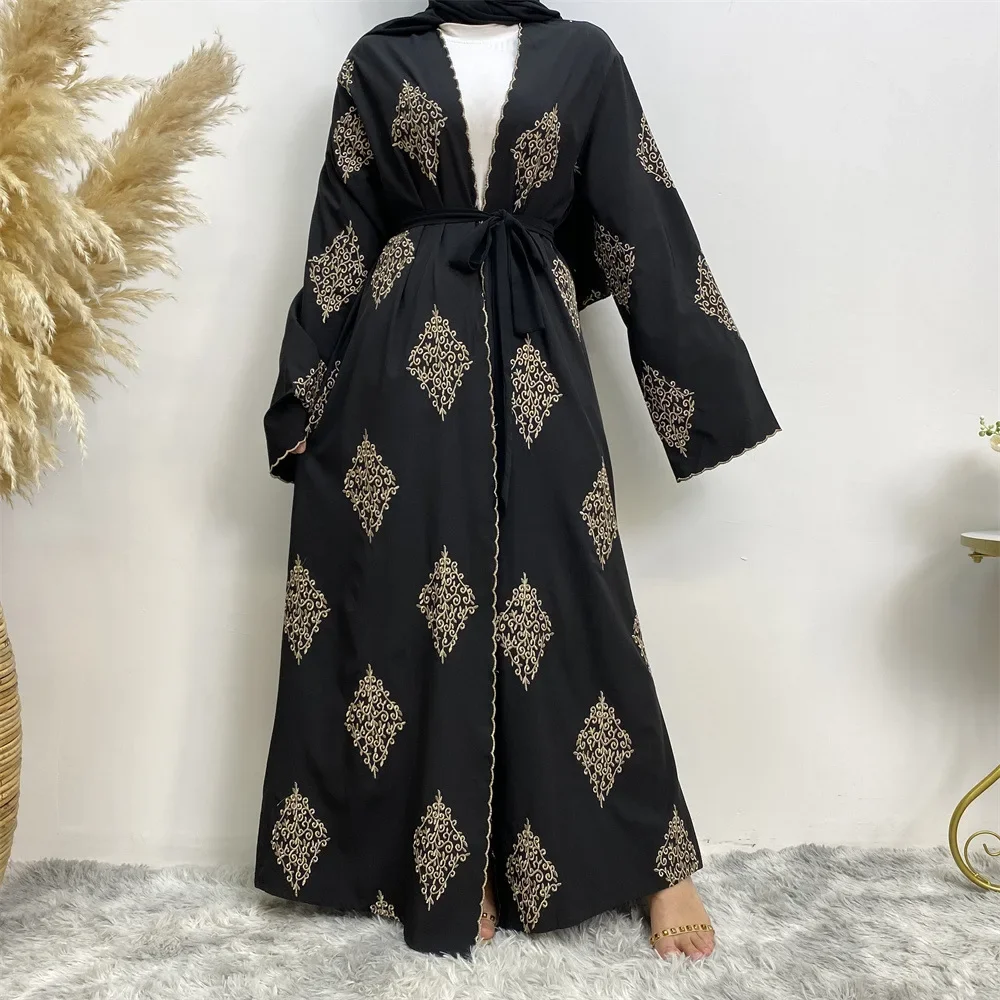 

Embroidered Cardigan Dubai Abayas Women Dress V-neck Lace-up Dress for Women Long Dresses Islamic Clothing Elegant Loose Kaftan