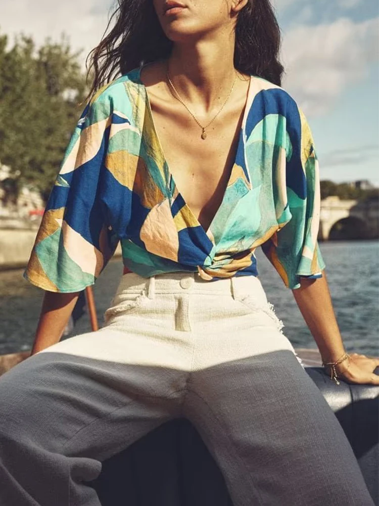 

Укороченный топ с принтом TRAF, женские блузки с рюшами и коротким рукавом для женщин, Сексуальная Блузка в стиле бохо, летняя блузка для женщин, новинка 2023