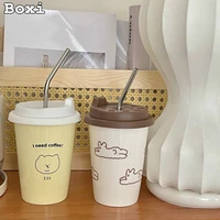 ins simple cream ceramic coffee mug with lid stainless steel straw milk breakfast coffee cup couple porcelain mugs tableware