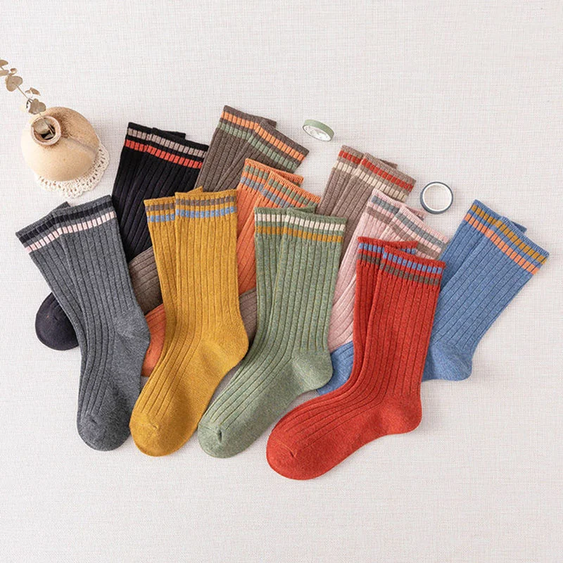 5pair/Lot Spring Autumn Women Long Socks School Solid Knitting Striped Cotton Breathable Calcetines Mujer Chaussette Loose Sock