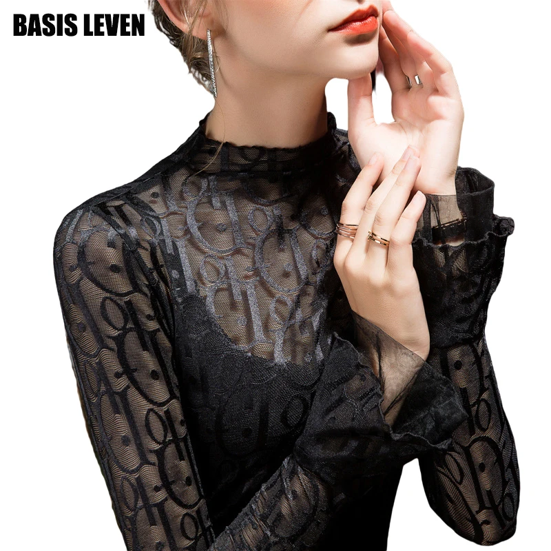 

Women Designer Clothing Spirng Autumn Women's T-shirt High Collar Long Sleeve Woman Mesh Tops Black White Lady Clothings