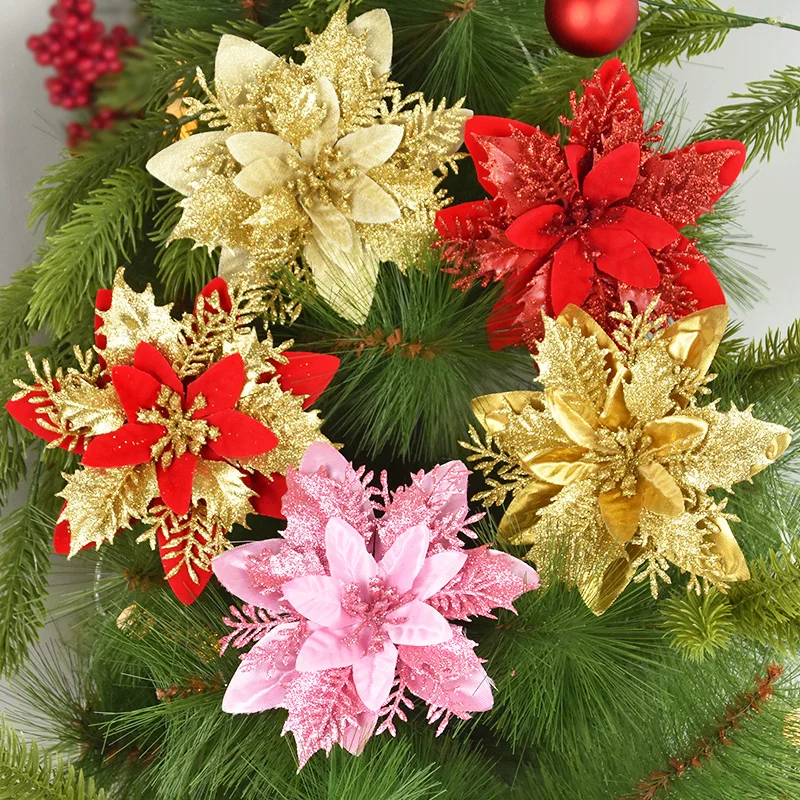 10/5/3Pcs  14cm Glitter Artificial Christmas Flowers Xmas Tree Ornaments Merry Christmas Decorations for Home New Year Gift Navi