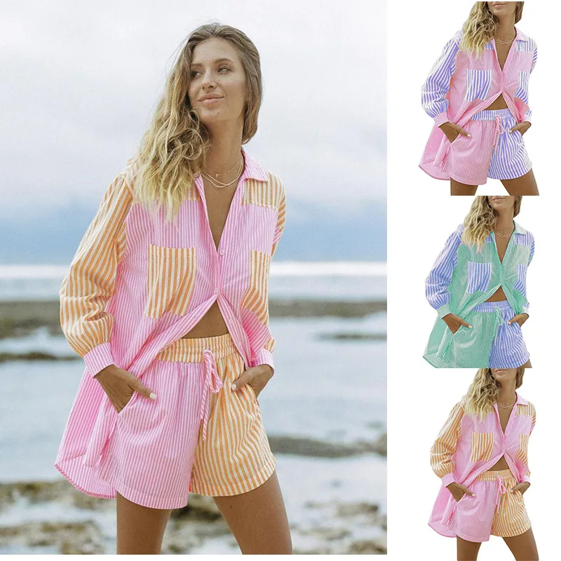 Elegant Contrast Striped Loose Suits 2022 New Women Long Sleeve Shirt Tops And Shorts Two Piece Sets Streetwear High Fashion
