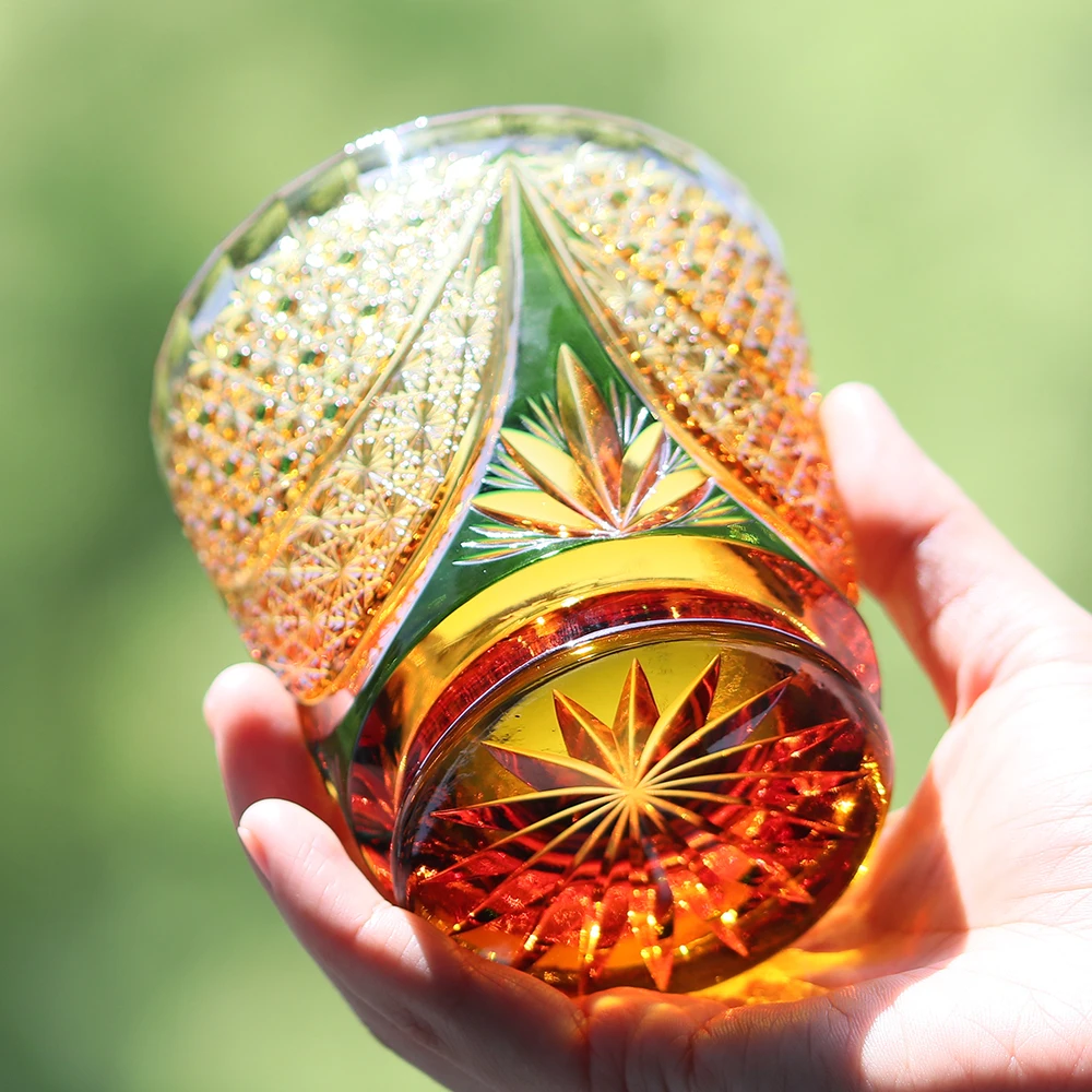 Фото Японский стакан для виски Amber Green 24% Lead Crystal Hand Cut Edo Kiriko, 330 мл, ручной работы, для крепких напитков и напитков в японском стиле №1