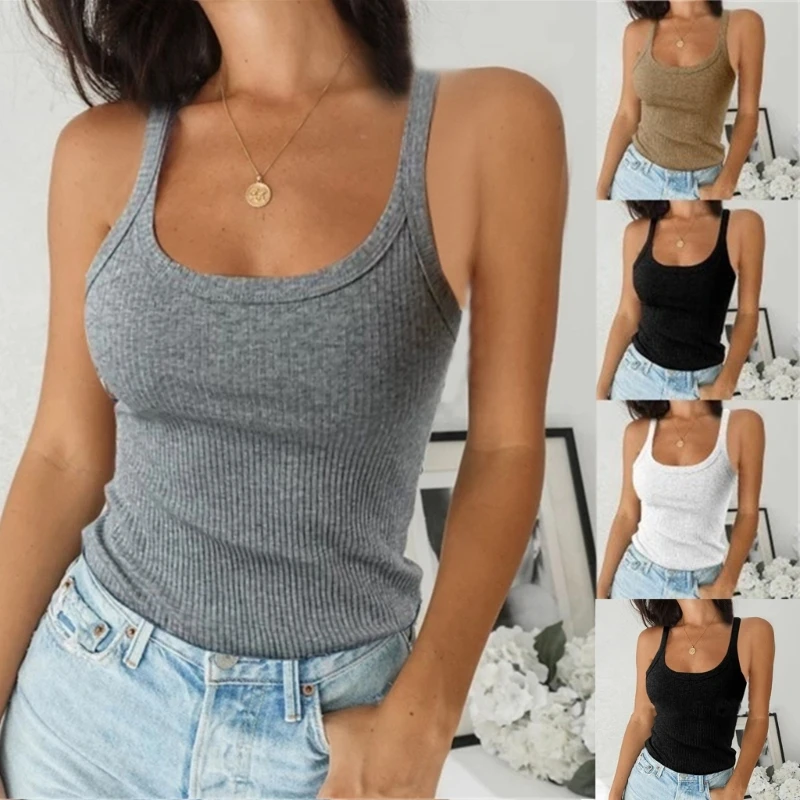 

Однотонный базовый топ на бретельках для девочек, Женский Топ без рукавов в рубчик с глубоким круглым вырезом P8DB