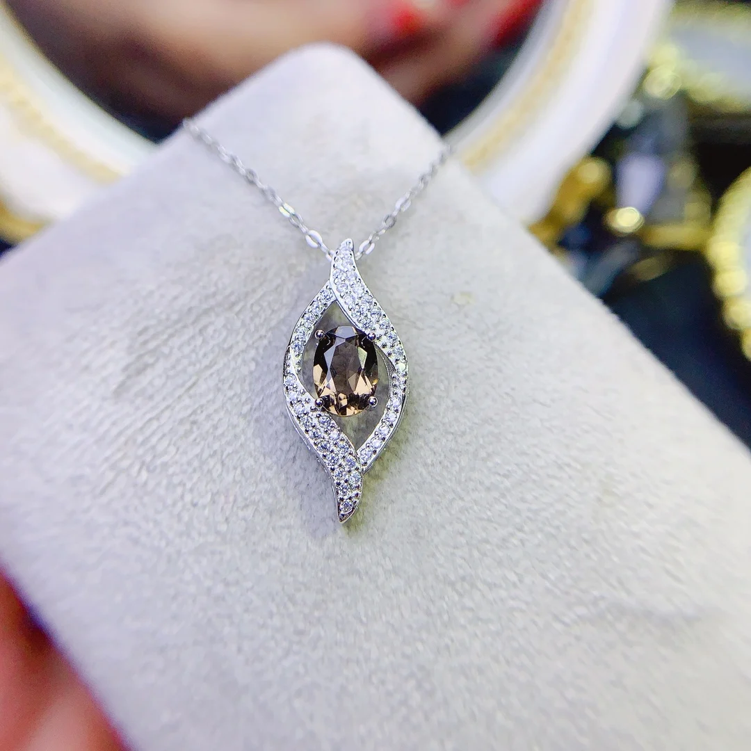 

Natural Tea Crystal Pendant, 925 Silver Certified, 5x7mm Black Gemstone, Pretty girl gift, free shipping