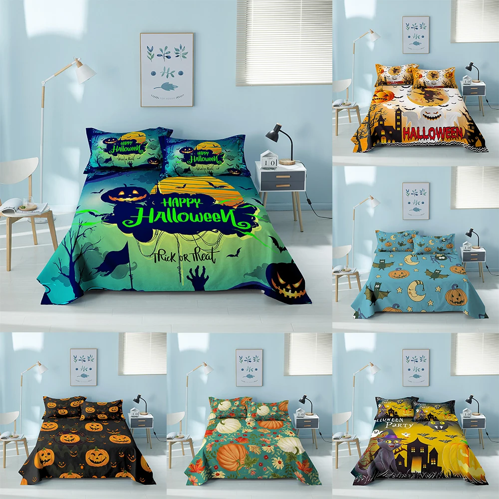 

Pumpkin Print Bed Sheet Bat Pattern Bed Linen With Pillowcase Polyester Queen King Size Flat Sheet Home Textiles Halloween Decor