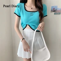 pearl diary summer embroidery knitting crop top screw thread prevail short sleeves t shirt y2k fashion all match top women