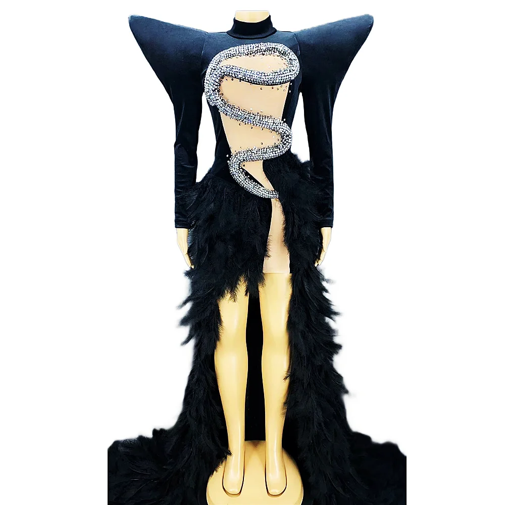 

Women Rhinestones Birthday Queen Dress Mesh Transparent Long Feather Tail Celebrate Evening Party Outfit Performance Costume