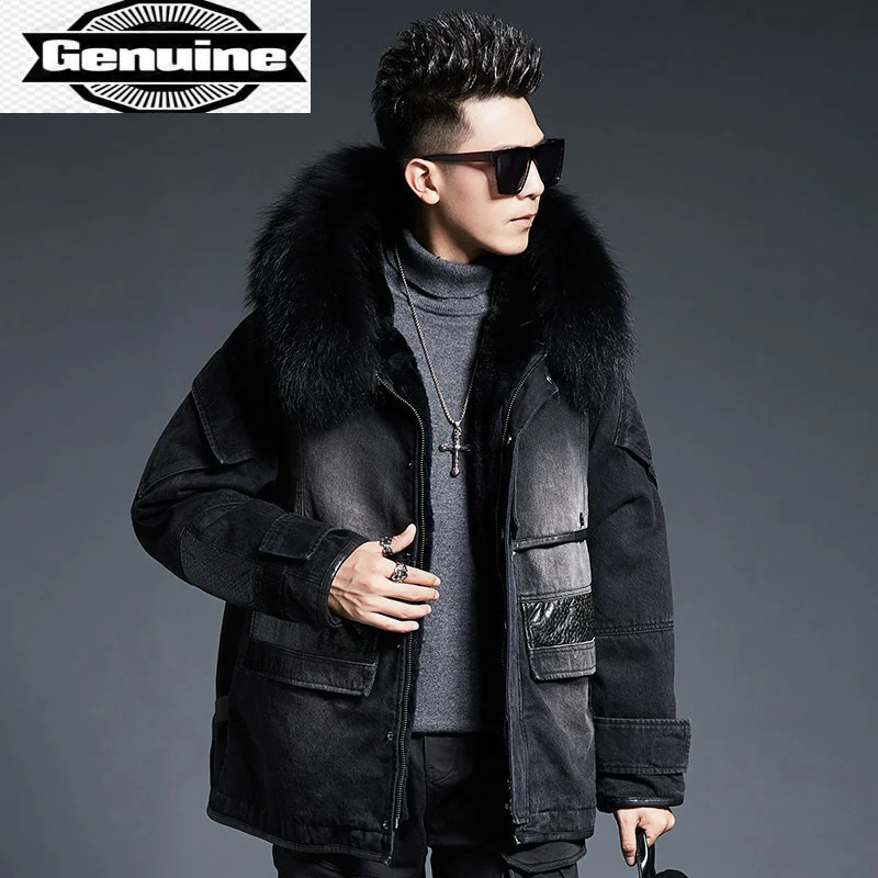 

Jackets Men's Denim Jacket Winter for Men Fashion Real Rabbit Fur Coat 100% Raccoon Eur Collar Parka Chaquetas LXR932