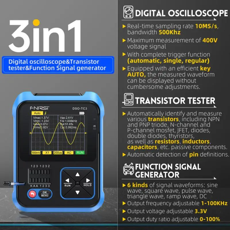 

3-IN-1 DSO-TC3 Portable Digital Oscilloscope Transistor Tester Signal Generator Multimeter Diode Voltage LCR Detect PWM Out