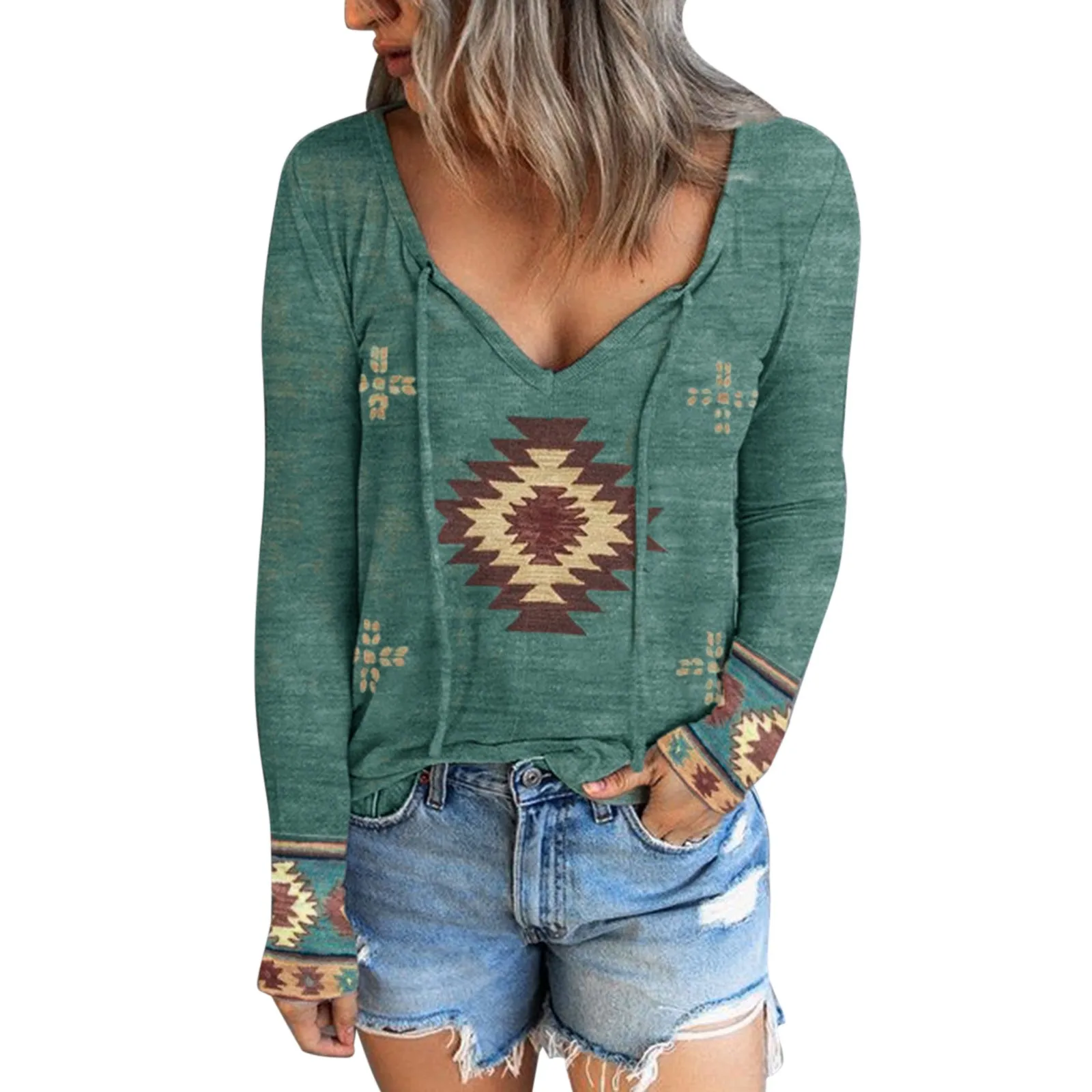 

Women Pullover Casual Ethnic I Print Long Sleeved V Neck Fashion Warm Autumn Winter Sweatshirt Tops Long Sleeve Top