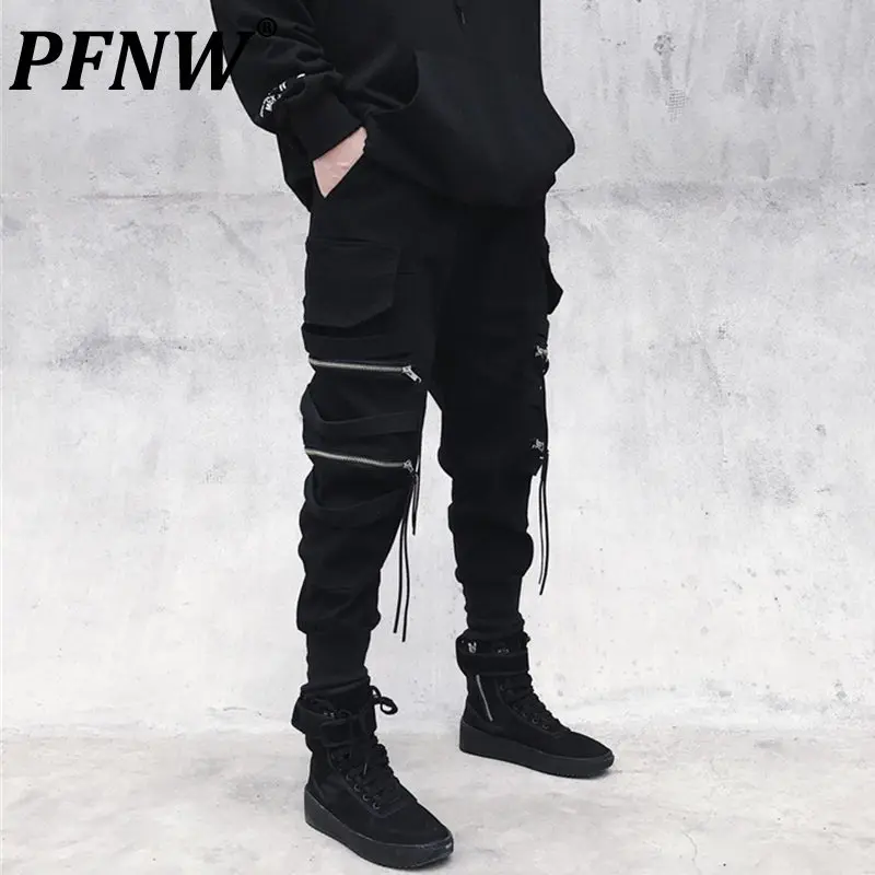 

PFNW Overalls Men's Fashion Casual Brand Zipper Decorative Streamer Trend Banded Leg Pants Street Hip Hop Pencil Pants 12A2449