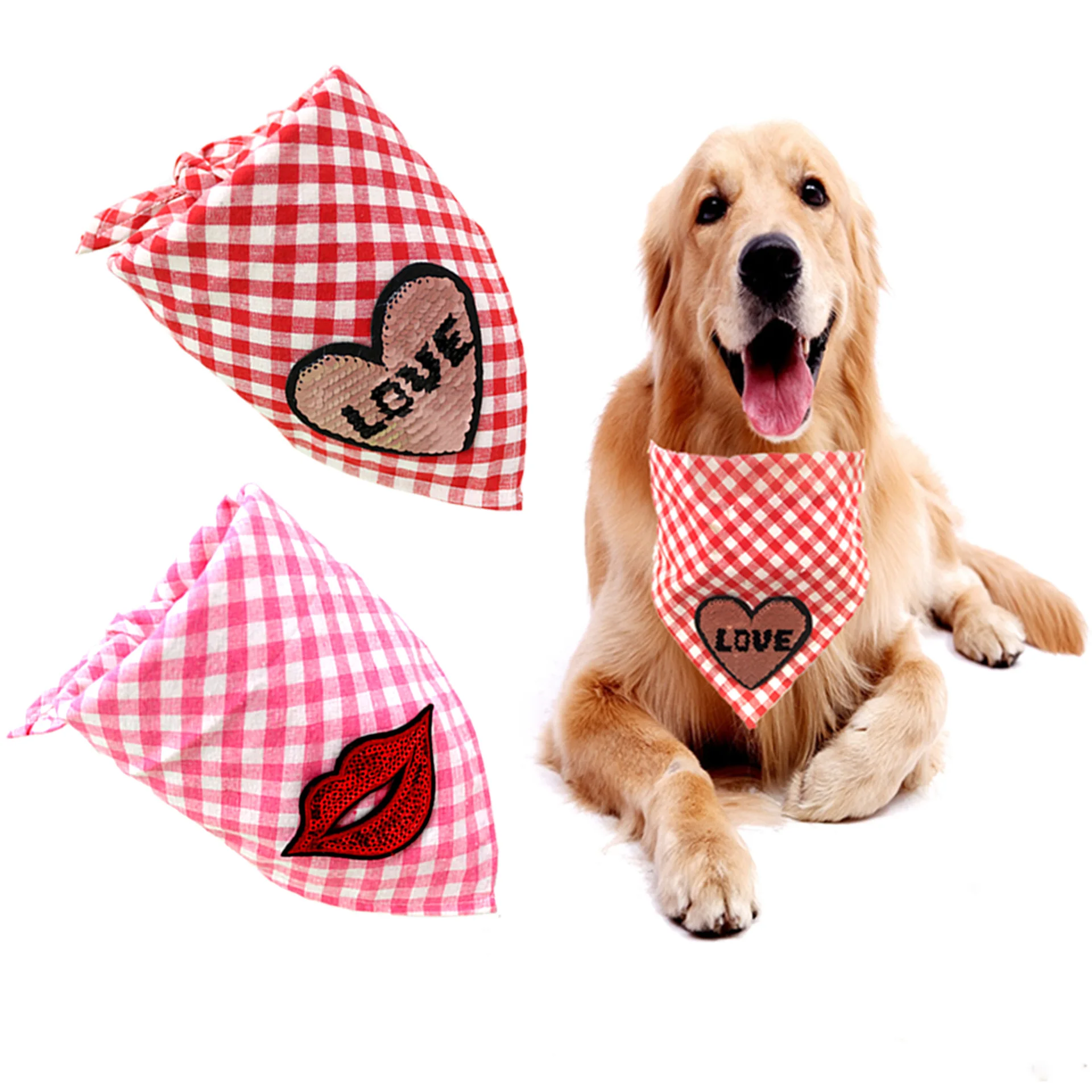

2/20/50pcs Wholesale Cheap Cat Dog Bandana Scarf Soft Love Heart Kiss Cotton Plaid Design Pet Grooming Dog Accessories Dog Bib