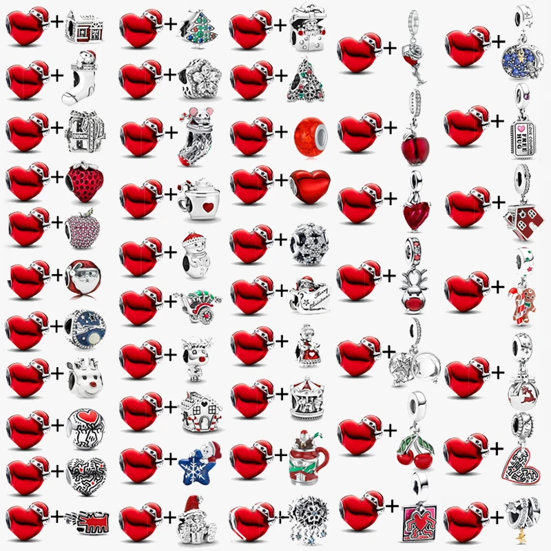 

2Pcs/Lot Christmas Hat Heart & Star Charm Bead With Snowflake Pendant Fit Brand Bracelet & Necklace For Women Making Xmas Gift