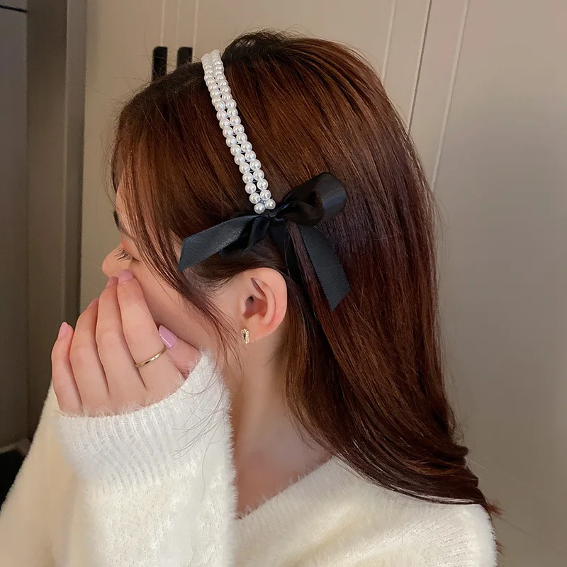 

Women Elegant Pearls Black Bowknot Hairbands Sweet Headband Hair Hoops Holder Ornament Head Band Lady Fashion Hair Accessories