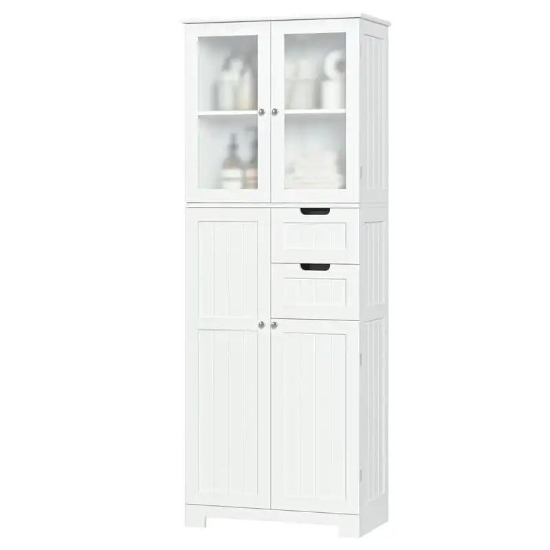 

Storage Cabinet, 4 Doors Wood Tall Cabinet Cupboard with 2 Drawers for Bathroom, White