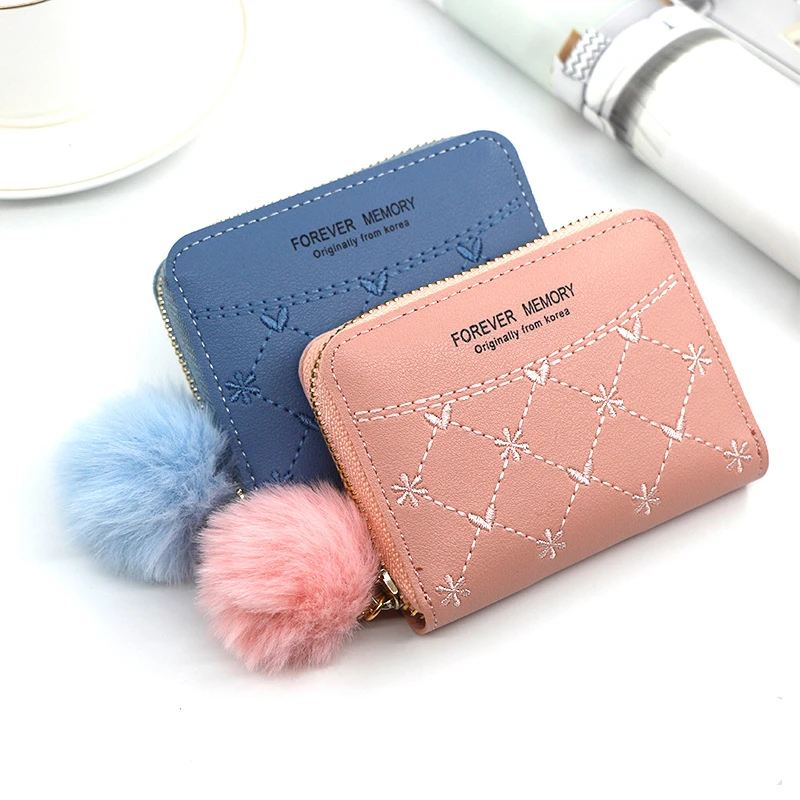 

Women's Small Embroidered Wallet with Hairball Tassel Ladies Pu Leather Zipper Coin Purses Credit Card Holder Clutch Money Bag