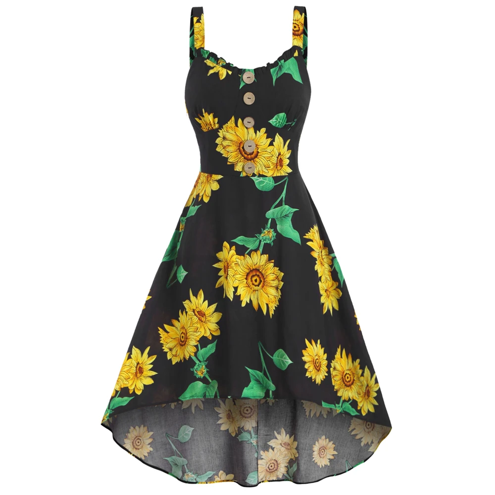 

Sunflower Print Mock Button Cami A Line Dress Short High Waist Dresses Women Summer Beach Elegant Robe