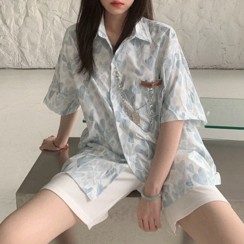 

Deeptown Heart Print Graphic Cardigan Harajuku Short Sleeve Shirt Summer 2022 Beach Style Y2k Pink Blouse Button Up Tops Casual