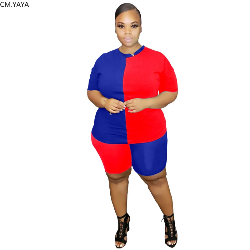 CM.YAYA Patchwork Women Two Piece Sets Summer Tracksuit Short Sleeve Tee Tops + Shorts Leggings Suit Fitness Outfit Sweatsuit |