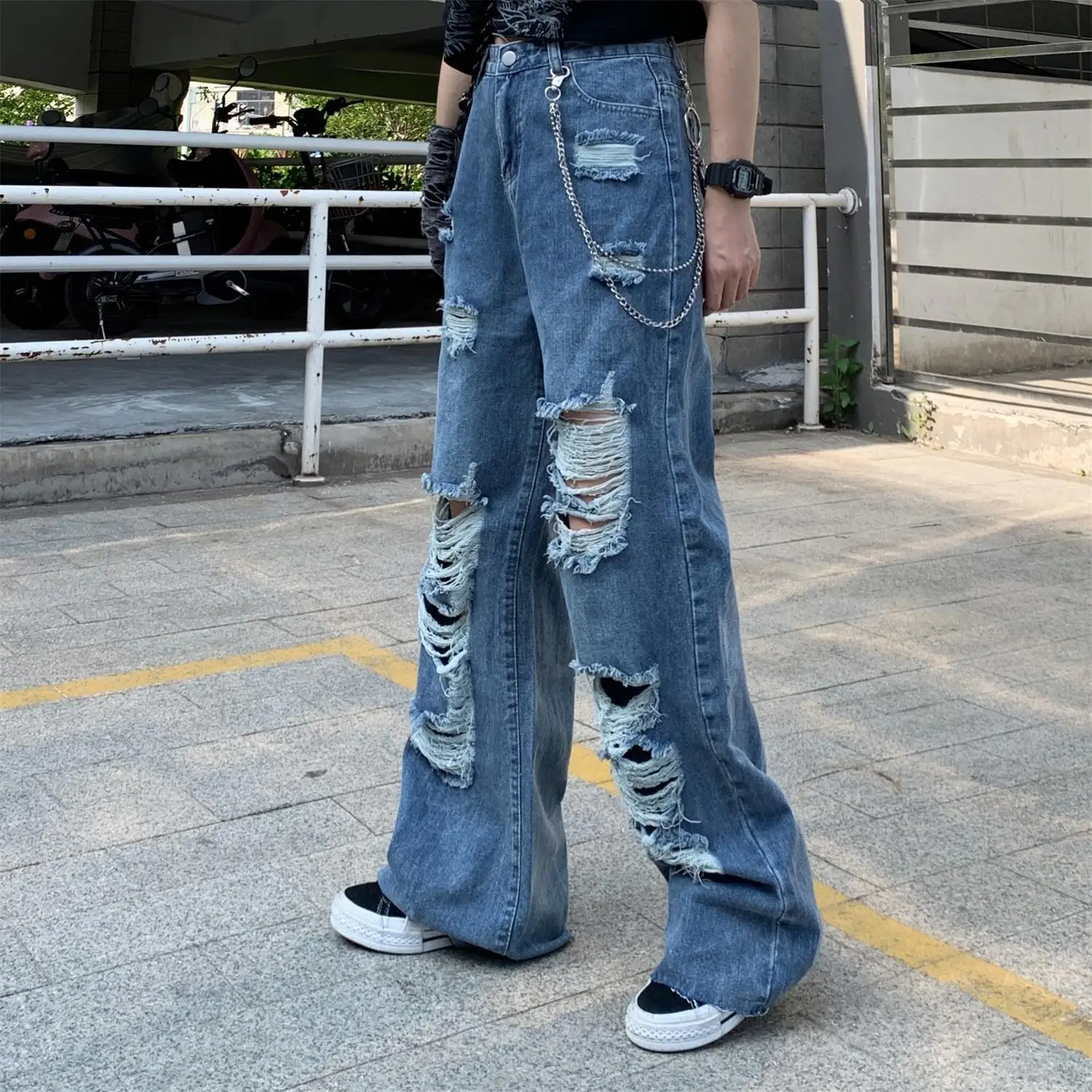 

Women's Jeans Retro Oversized Harajuku Yk2 Streetwear Denim Ripped Hollow Cut Out Pants Casual Loose Ladies Wide Leg Pants Jeans