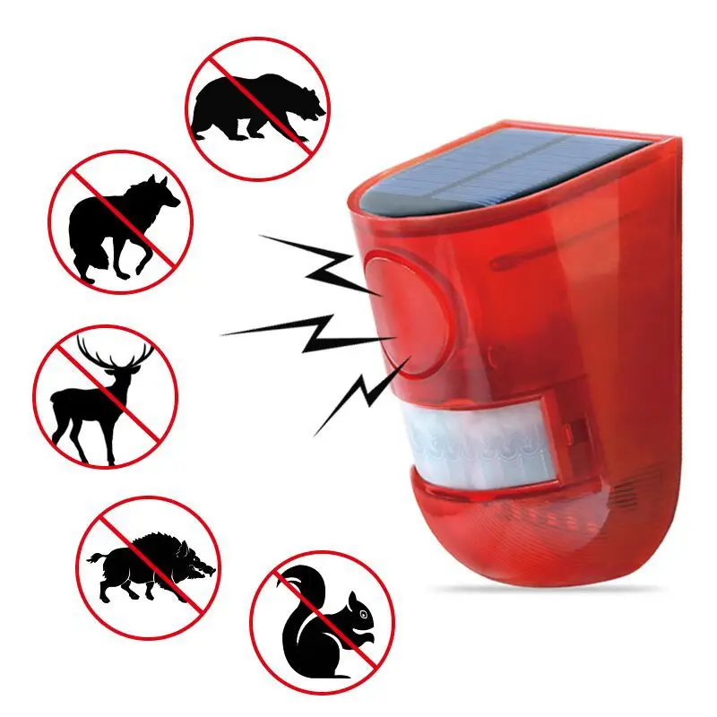 

Solar Powered Infrared Motion Sensor Detector Siren Strobe Alarm System Acoustooptic Alarm Lamp for Home Yard Outdoor Security