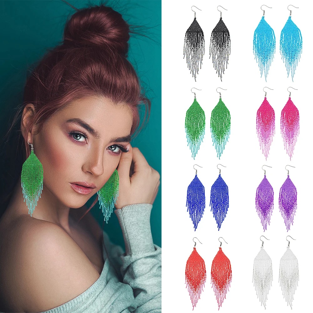 Большие эффектные серьги Kaseakia из бисера Длинные богемные ручной работы большие