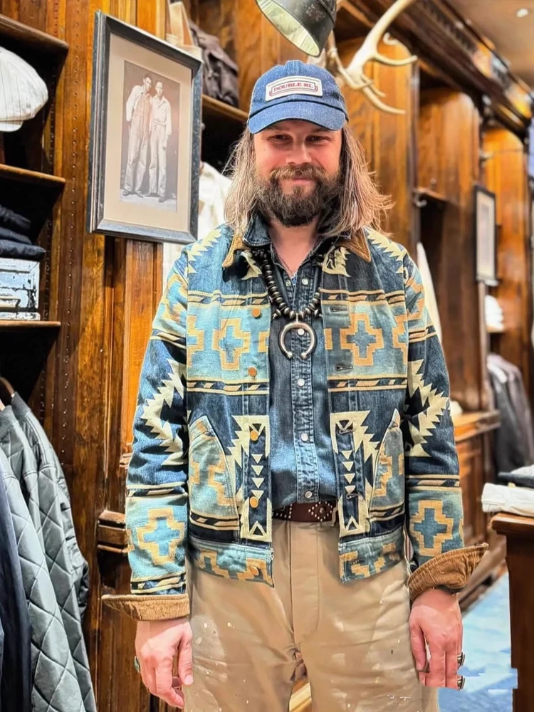 RRL 30th Anniversary Western Style Jacquard Heavy Washed Denim Jacket American Retro Coat Corduroy Collar