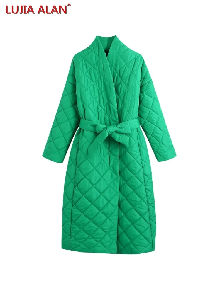 

Autumn Winter New Women's Green Diamond Check Quilting Belt Long Sleeve Cotton Coat Casual Loose Outerwear LUJIA ALAN C1616