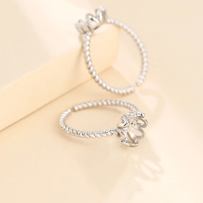 7x7mm S925 Sterling Silver Adjustable Blank Flower Ring Base For Cabochons Cameo Ring Jewelry Findings Making Accessories