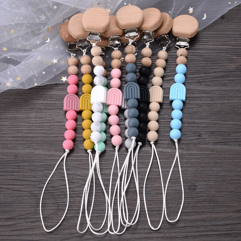 

1Pcs Baby Silicone Rainbow Beaded Pacifier Chain Beech Wood Dummy Holder Clips For Baby Nipple Chain Teether Care Chewing Toys