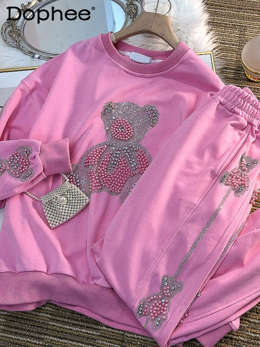 

Hot Drilling Beaded Cartoon Casual Loose Sweatshirt Coat Ankle-Tied Sport Pants Tracksuit Women Hoodie Trousers Two-Piece Sets