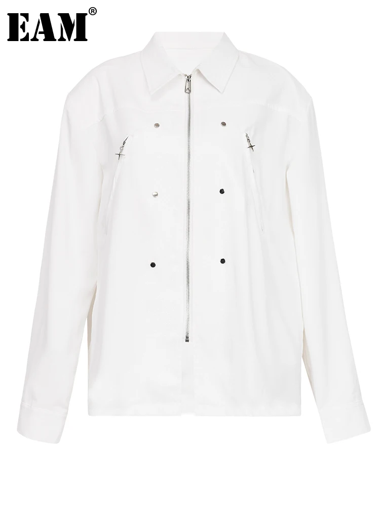 

[EAM] Свободная белая Повседневная куртка на молнии большого размера, Новое Женское пальто с длинными рукавами и отворотом, модная демисезонная 2023 1DF6364