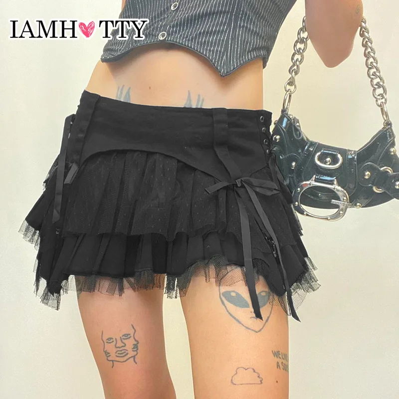 IAMHOTTY Fairycore Grunge Tiered Mesh Asymmetrical Skirt Low Waist A-line Short Skirts Vintage Sweet Y2K Dark Academia Outfit