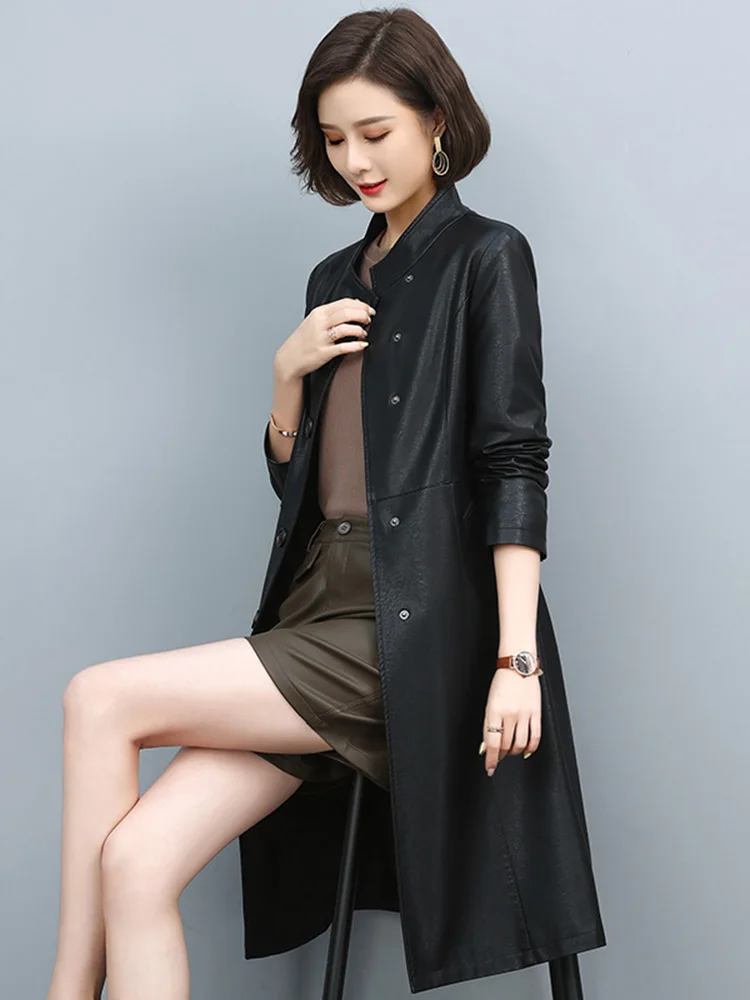 New Women Stand Collar Leather Coat Autumn Winter 2022 Casual Fashion Single Breasted Loose Slim Waist Split Leather Trench Coat