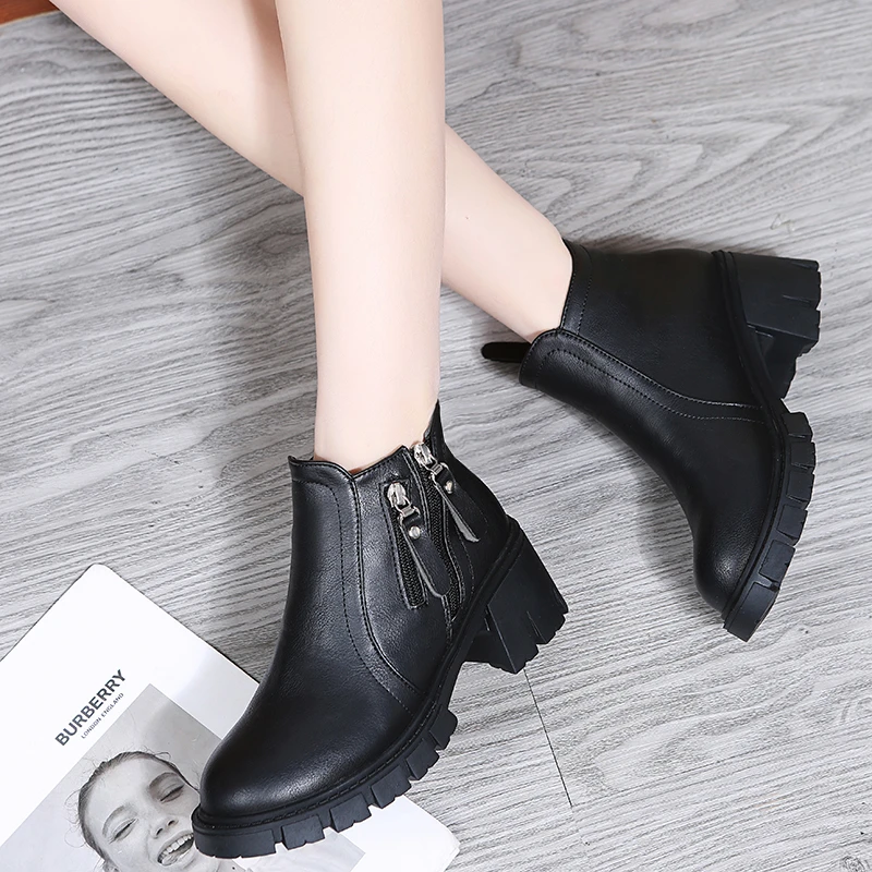 Women's Ankle Pu Leather Platform Casual Boots 2022 Autumn New High Heel Fashion Zipper Round Head Square Heel Women's Boots
