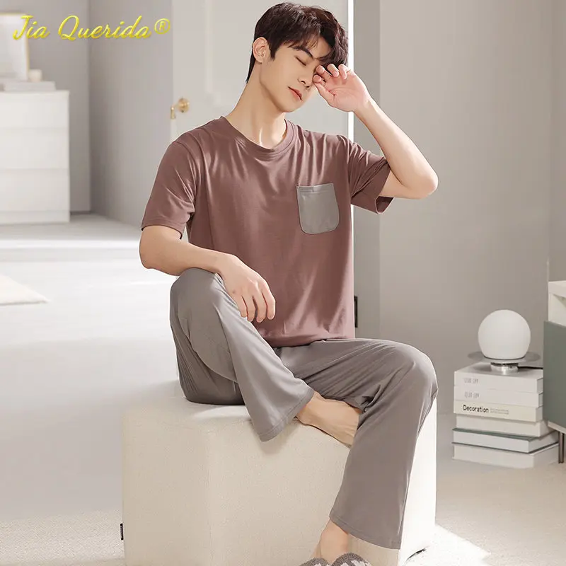 

L-4XL Men's Pijamas Summer Modal Leisure Nightwear Fashion Pajamas Set Loose Size Plain Chocolate Pijamas Sleepwear for Men