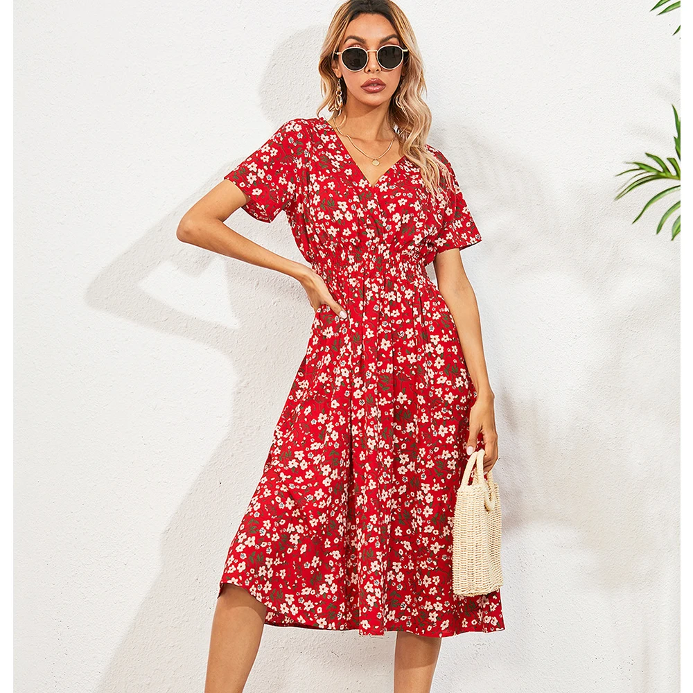 

Summer V Neck Short Sleeve Bohemia Dress Red Flower Print Casual Beach Dress for Women High Waist Slim Pleated Midi Dress 2022